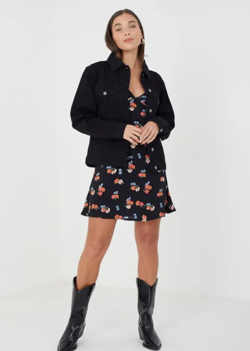 Brave Soul Black Blooms Western Style Denim Jacket