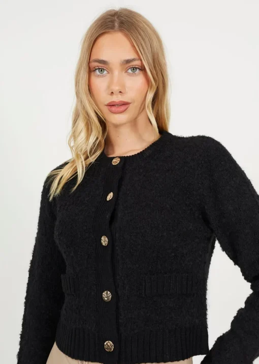 Brave Soul Black Button Through Boucle Cardigan