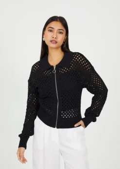 Brave Soul Black Crochet Knit Zip Through Cardigan