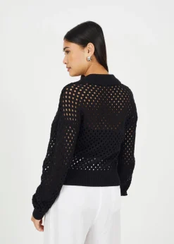 Brave Soul Black Crochet Knit Zip Through Cardigan