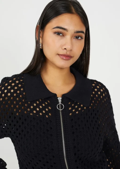 Brave Soul Black Crochet Knit Zip Through Cardigan