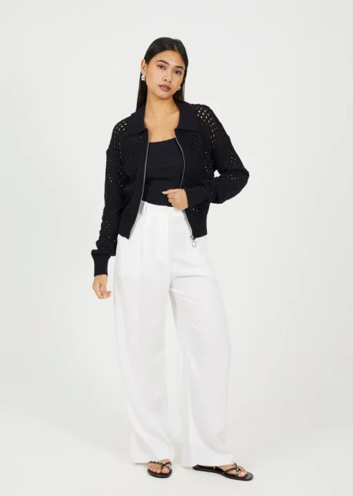 Brave Soul Black Crochet Knit Zip Through Cardigan