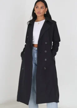 Brave Soul Black Double-Breasted Longline Trench Coat