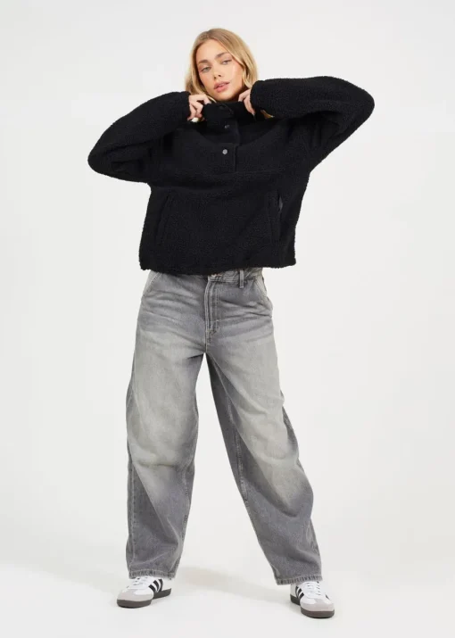 Brave Soul Black Sherpa Quarter Button Neck Fleece