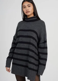 Brave Soul Charcoal Oversized Striped Roll Neck Jumper
