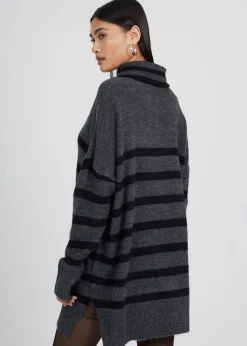 Brave Soul Charcoal Oversized Striped Roll Neck Jumper