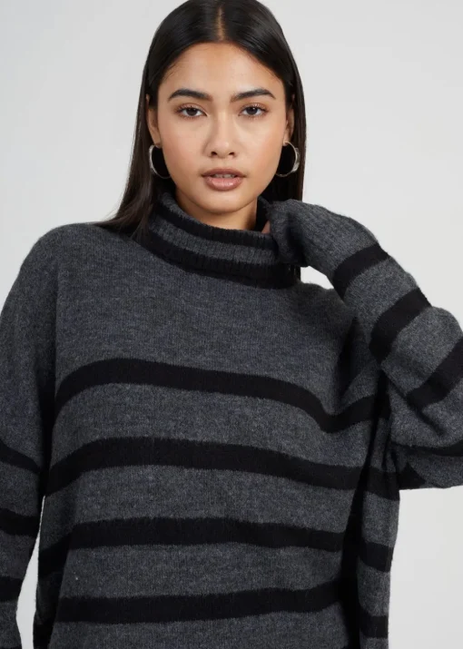 Brave Soul Charcoal Oversized Striped Roll Neck Jumper
