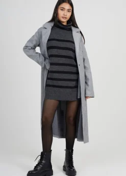 Brave Soul Charcoal Oversized Striped Roll Neck Jumper