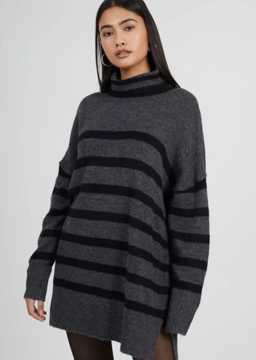 Brave Soul Charcoal Oversized Striped Roll Neck Jumper