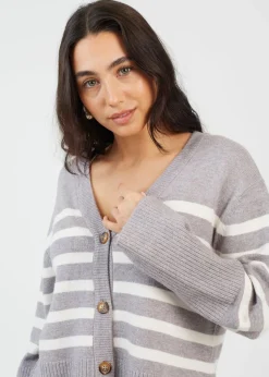 Brave Soul Grey Button Through V-neck Stripe Cardigan