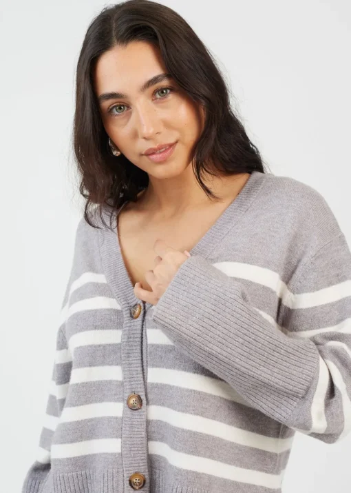 Brave Soul Grey Button Through V-neck Stripe Cardigan