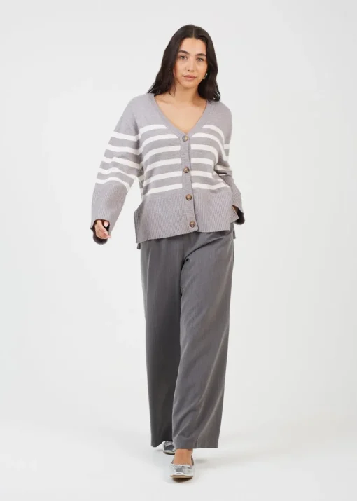 Brave Soul Grey Button Through V-neck Stripe Cardigan