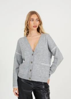 Brave Soul Grey Contrast Stitch Button Through V-neck Cardigan