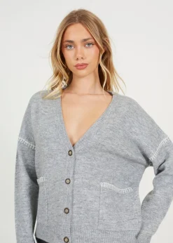 Brave Soul Grey Contrast Stitch Button Through V-neck Cardigan