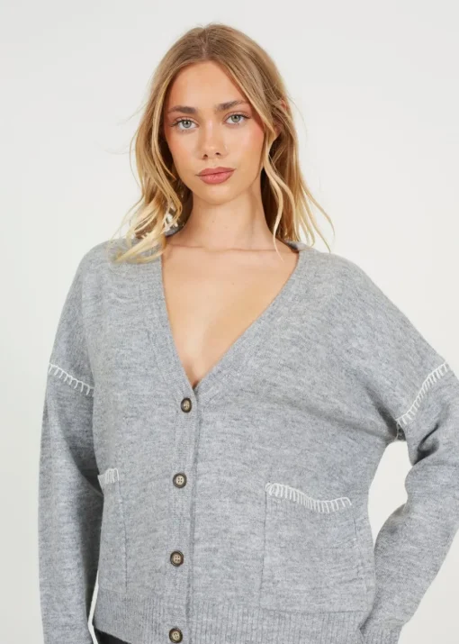 Brave Soul Grey Contrast Stitch Button Through V-neck Cardigan
