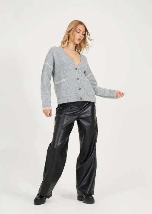 Brave Soul Grey Contrast Stitch Button Through V-neck Cardigan