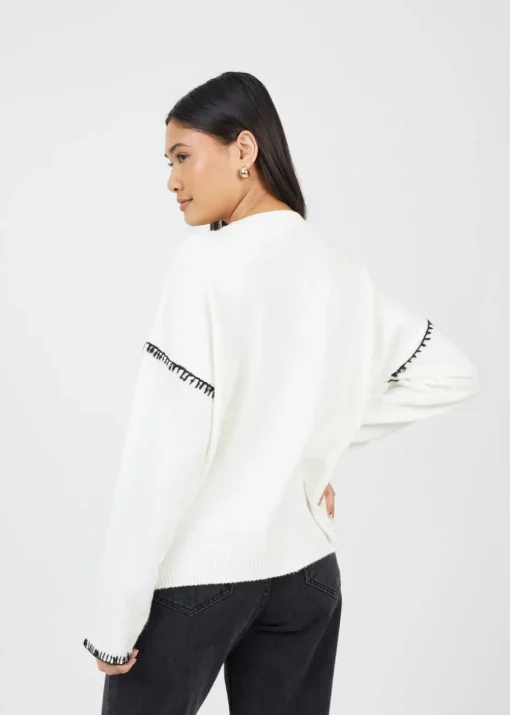 Brave Soul Ivory Contrast Stitch Button Through V-neck Cardigan
