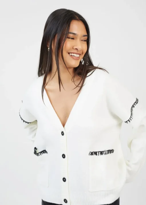 Brave Soul Ivory Contrast Stitch Button Through V-neck Cardigan