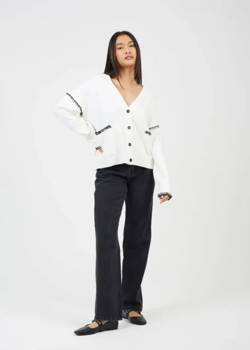 Brave Soul Ivory Contrast Stitch Button Through V-neck Cardigan
