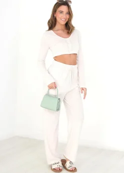 Brave Soul Ivory Cropped Long Sleeve & Wide Leg Lounge Set