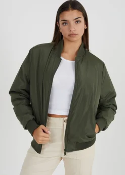 Brave Soul Khaki Ruched Sleeve Oversized Bomber Jacket