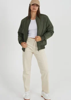 Brave Soul Khaki Ruched Sleeve Oversized Bomber Jacket