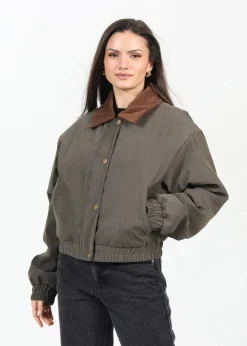 Brave Soul Khaki Twill Bomber Style Jacket with Cord Collar