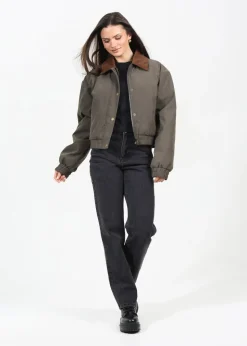 Brave Soul Khaki Twill Bomber Style Jacket with Cord Collar