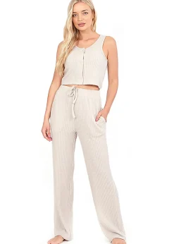Brave Soul Natural Cropped Vest & Wide Leg Waffle Lounge Set