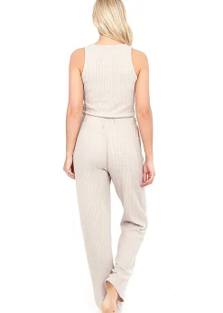 Brave Soul Natural Cropped Vest & Wide Leg Waffle Lounge Set