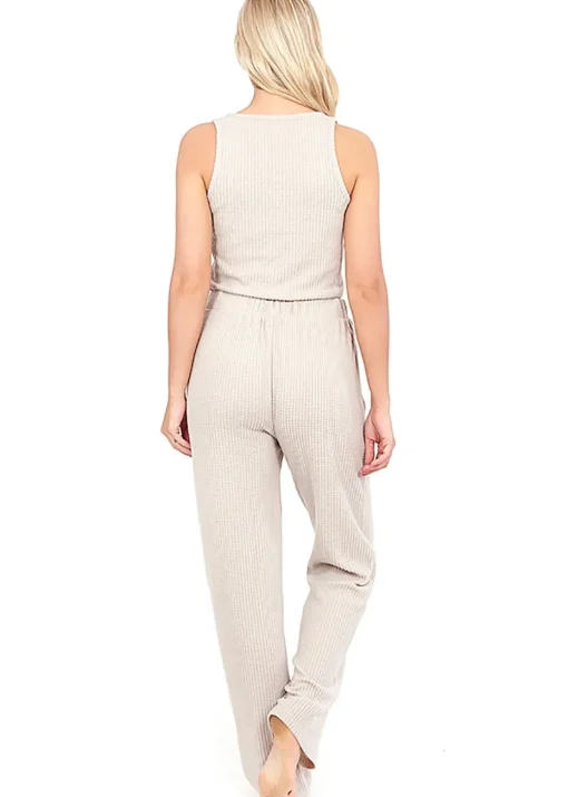 Brave Soul Natural Cropped Vest & Wide Leg Waffle Lounge Set