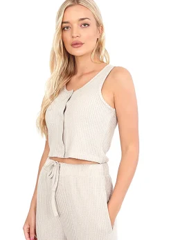 Brave Soul Natural Cropped Vest & Wide Leg Waffle Lounge Set