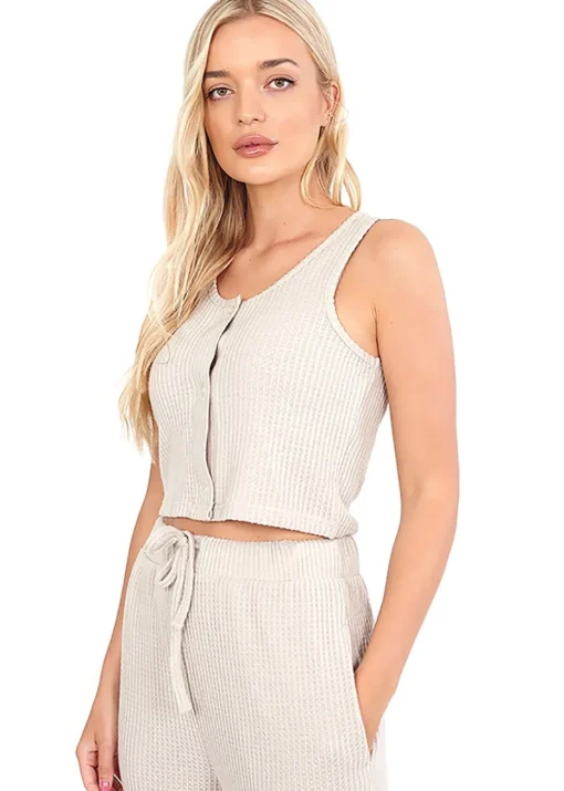Brave Soul Natural Cropped Vest & Wide Leg Waffle Lounge Set