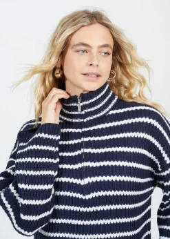 Brave Soul Navy Half Zip Striped Fisherman Knit Jumper