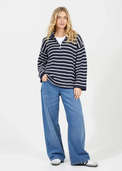 Brave Soul Navy Half Zip Striped Fisherman Knit Jumper
