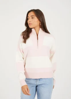 Brave Soul Pink Striped Half Zip Knitted Jumper
