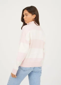 Brave Soul Pink Striped Half Zip Knitted Jumper