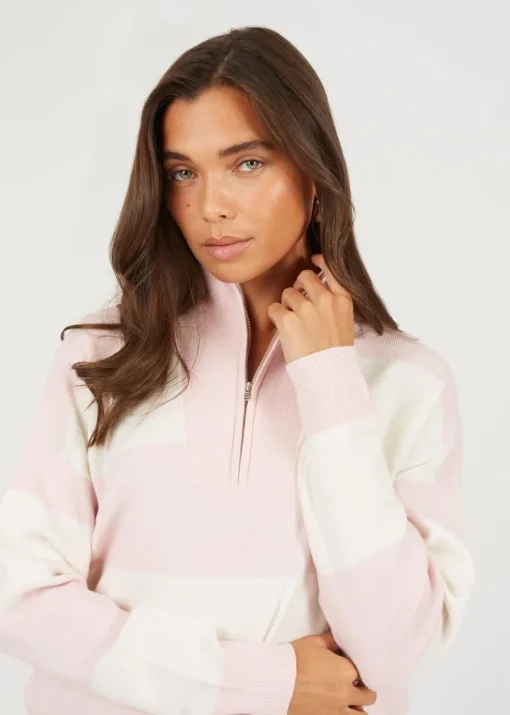 Brave Soul Pink Striped Half Zip Knitted Jumper