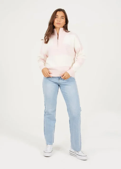 Brave Soul Pink Striped Half Zip Knitted Jumper