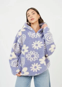 Brave Soul Purple Quarter Zip Flower Print Sherpa Fleece