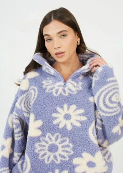 Brave Soul Purple Quarter Zip Flower Print Sherpa Fleece
