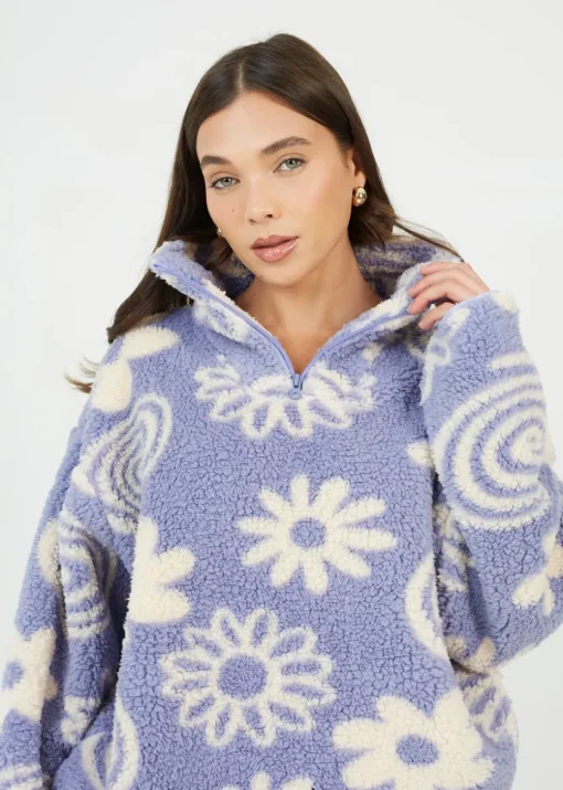 Brave Soul Purple Quarter Zip Flower Print Sherpa Fleece