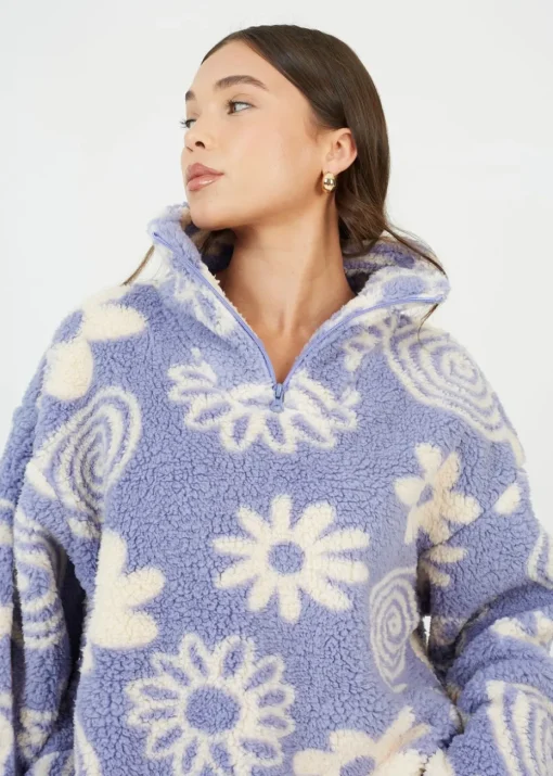 Brave Soul Purple Quarter Zip Flower Print Sherpa Fleece