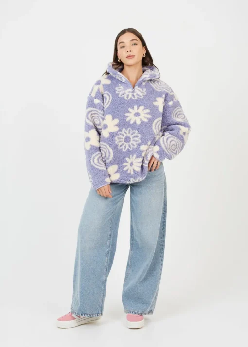 Brave Soul Purple Quarter Zip Flower Print Sherpa Fleece