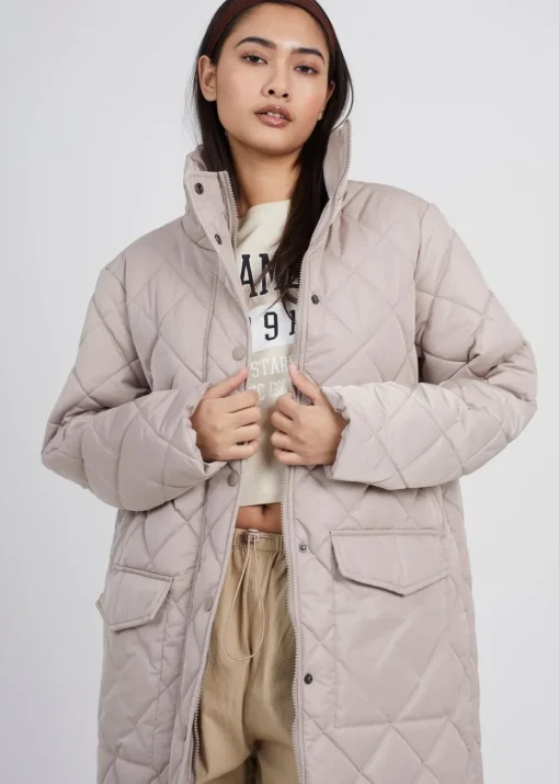 Brave Soul Stone Longline Diamond Quilted Jacket