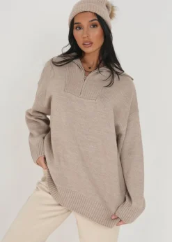 Brave Soul Stone Oversized Zip Collar Knitted Jumper