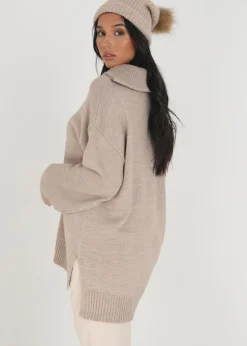 Brave Soul Stone Oversized Zip Collar Knitted Jumper