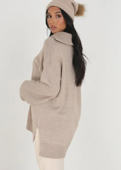 Brave Soul Stone Oversized Zip Collar Knitted Jumper