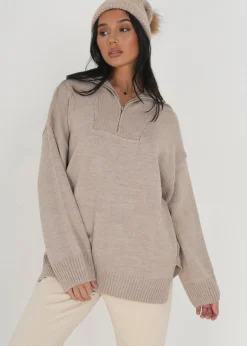 Brave Soul Stone Oversized Zip Collar Knitted Jumper