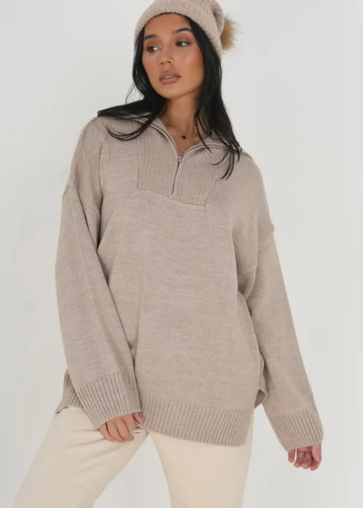Brave Soul Stone Oversized Zip Collar Knitted Jumper